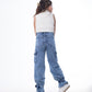High waist Flap Pocket Cargo Glued Bottom Dark Quarry Jeans Pants OB-624R