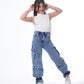 High waist Flap Pocket Cargo Glued Bottom Dark Quarry Jeans Pants OB-624R
