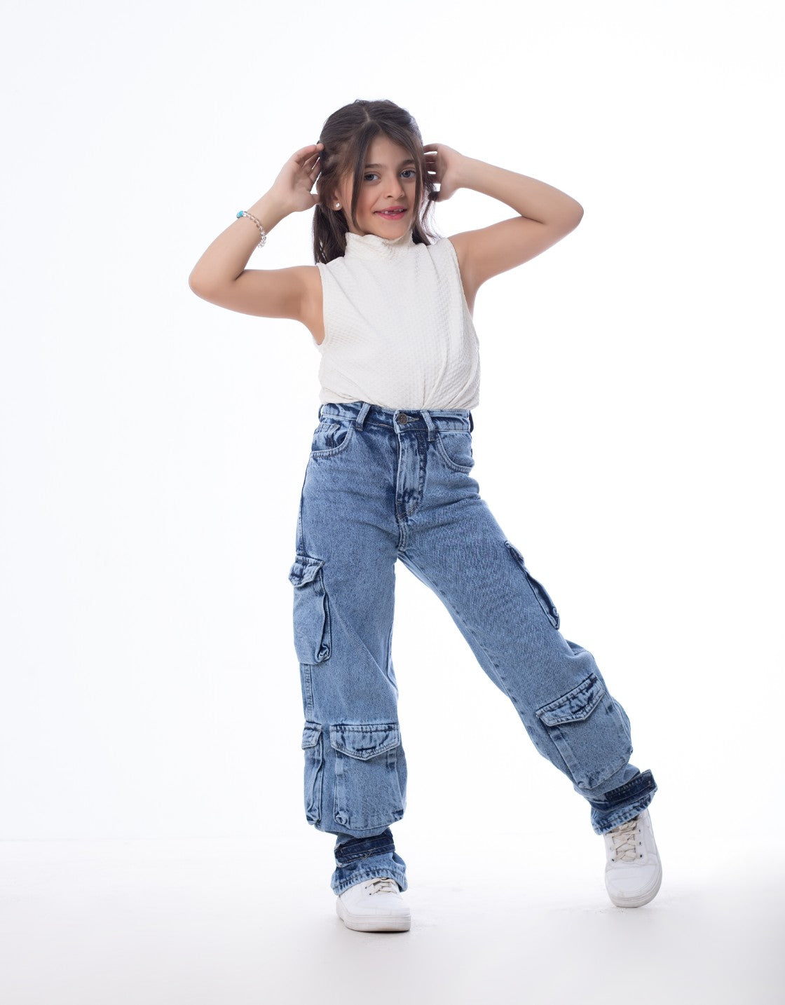 High waist Flap Pocket Cargo Glued Bottom Dark Quarry Jeans Pants OB-624R