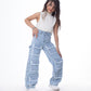 High Waist Flap Cargo Pocket Raw Cut Light Blue Jeans Pants Teenager OB-627C