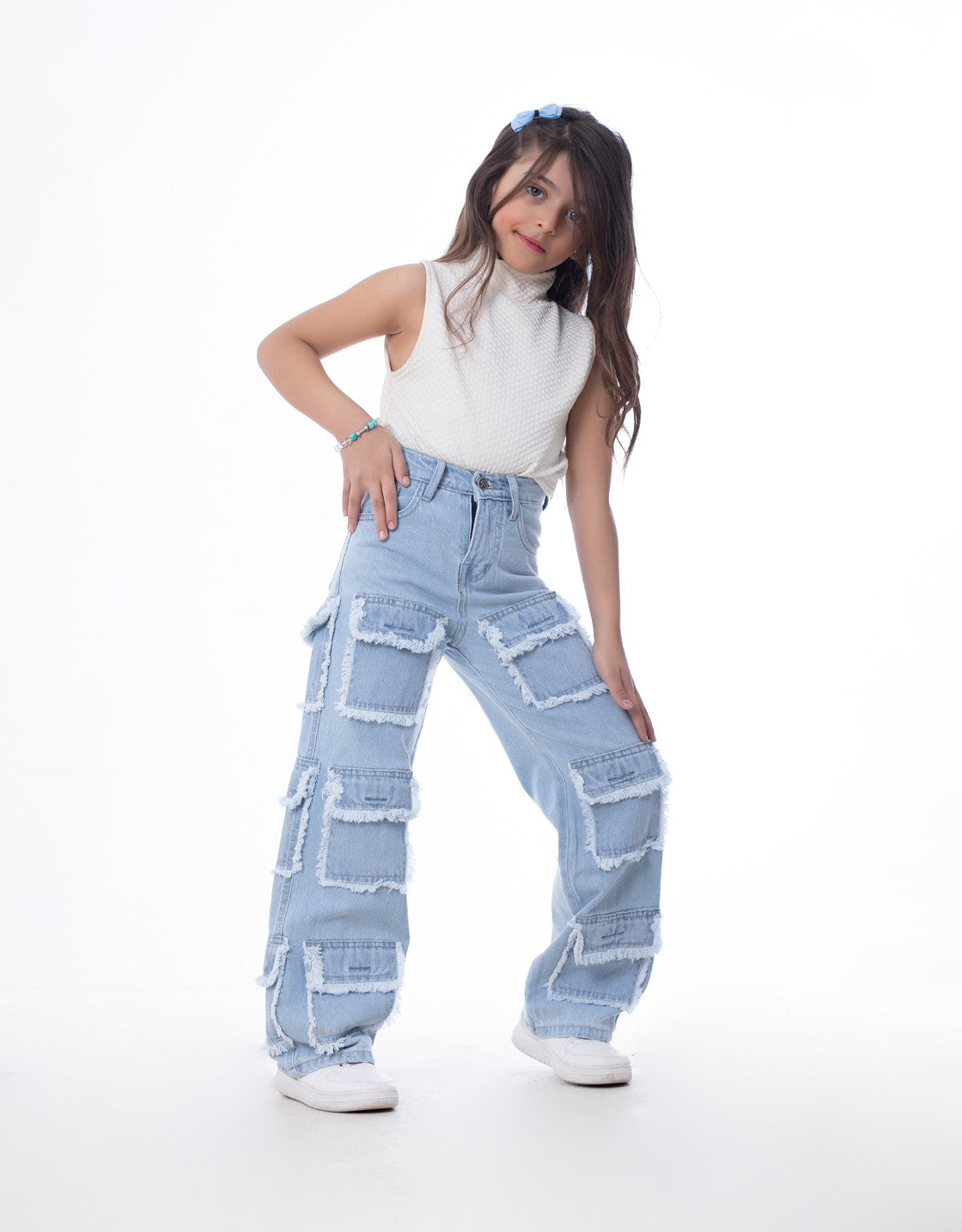 High Waist Flap Cargo Pocket Raw Cut Light Blue Jeans Pants Teenager OB-627C