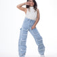 High Waist Flap Cargo Pocket Raw Cut Light Blue Jeans Pants Teenager OB-627C