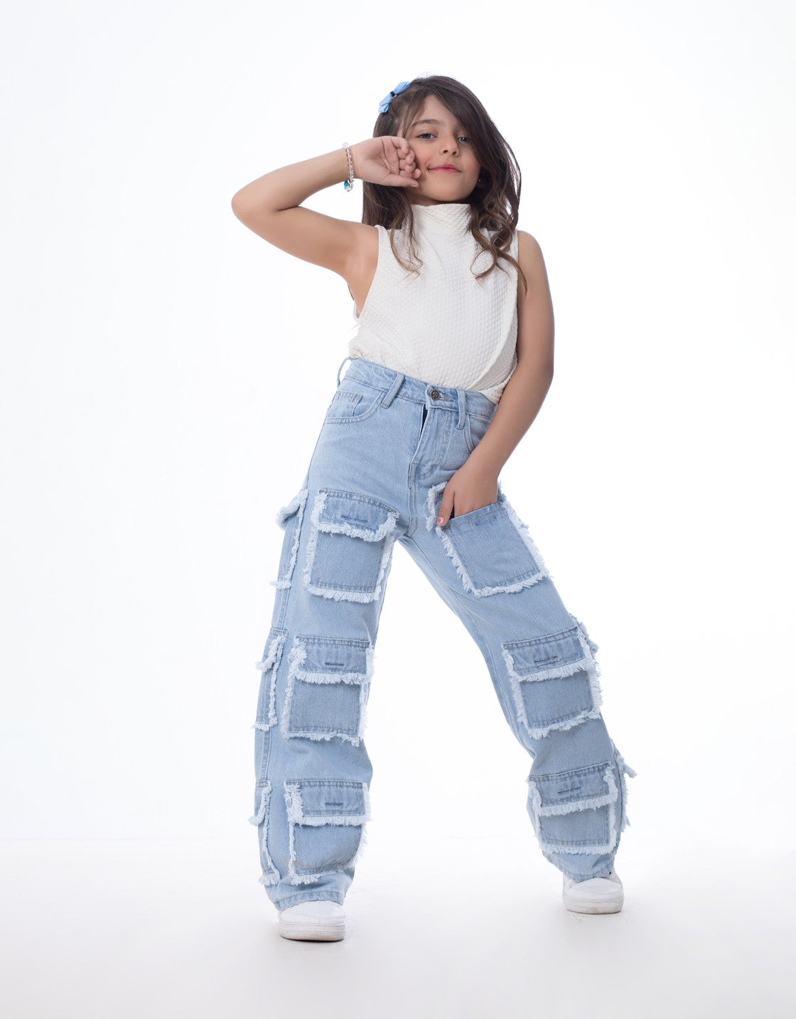 High Waist Flap Cargo Pocket Raw Cut Light Blue Jeans Pants Teenager OB-627C