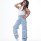 High Waist Flap Cargo Pocket Raw Cut Light Blue Jeans Pants Teenager OB-627C