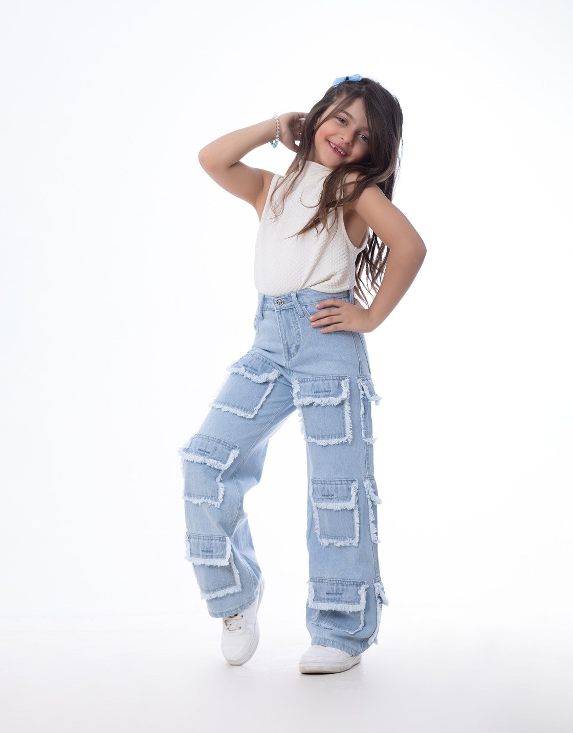 High Waist Flap Cargo Pocket Raw Cut Light Blue Jeans Pants Teenager OB-627C