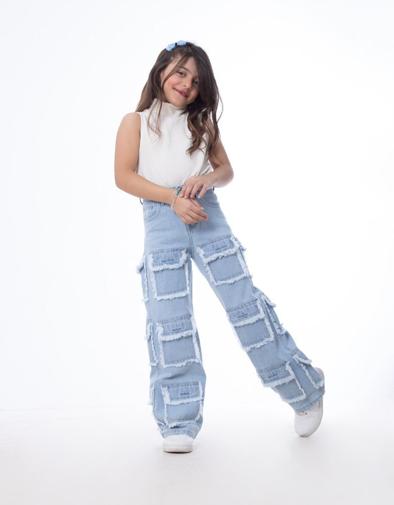 High Waist Flap Cargo Pocket Raw Cut Light Blue Jeans Pants Teenager OB-627C