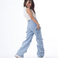 High Waist Flap Cargo Pocket Raw Cut Light Blue Jeans Pants Teenager OB-627C
