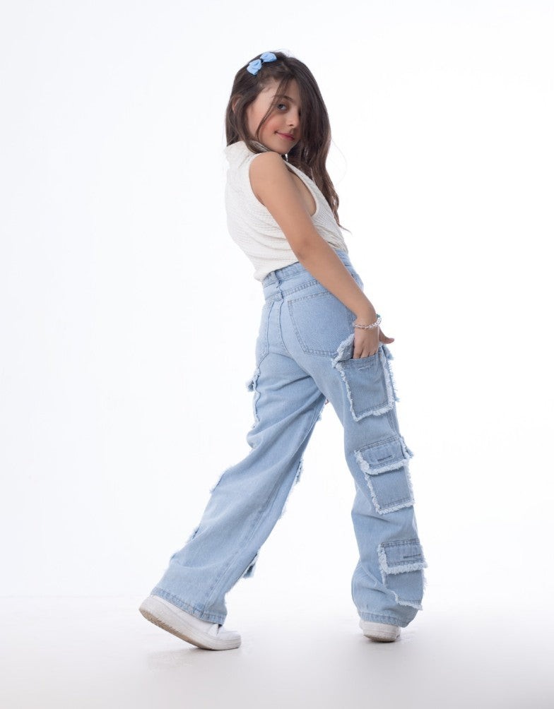 High Waist Flap Cargo Pocket Raw Cut Light Blue Jeans Pants Teenager OB-627C
