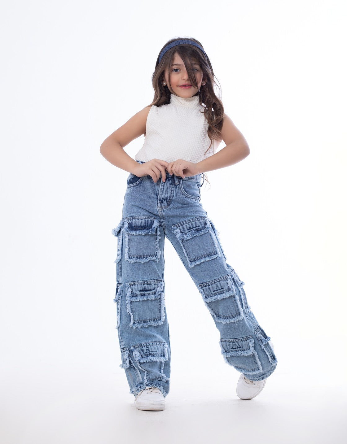 High Waist Flap Cargo Pocket Raw Cut Quarry Jeans Pants Teenager OB-627R
