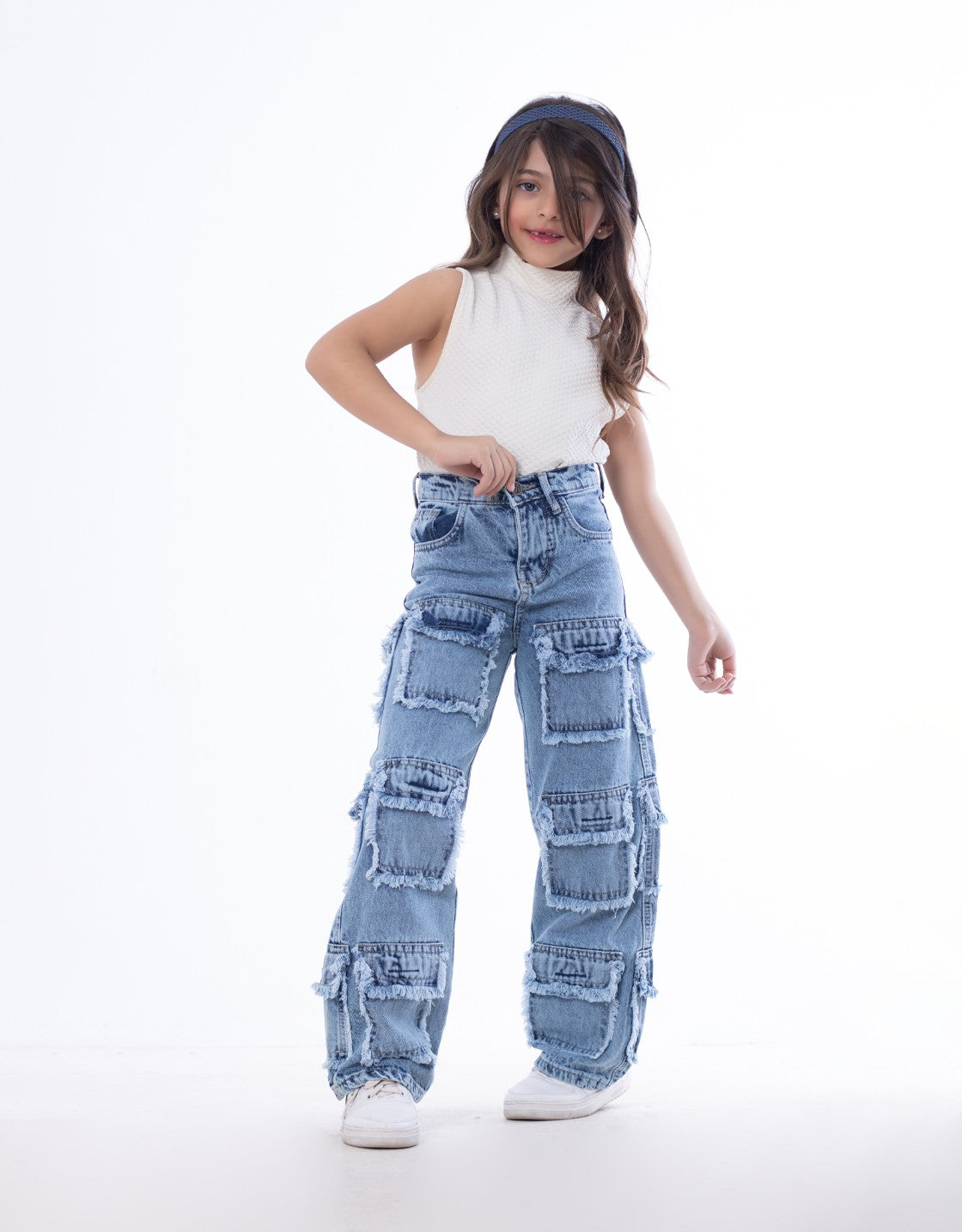 High Waist Flap Cargo Pocket Raw Cut Quarry Jeans Pants Teenager OB-627R
