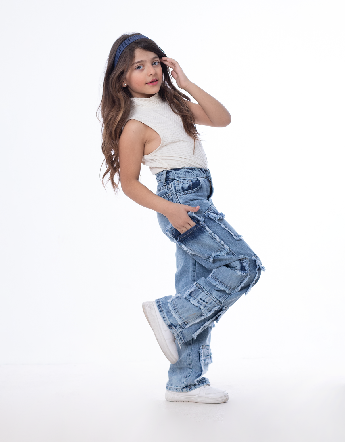 High Waist Flap Cargo Pocket Raw Cut Quarry Jeans Pants Teenager OB-627R