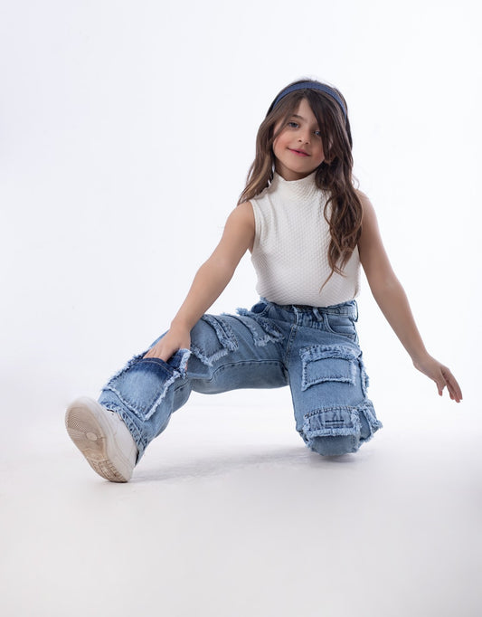High Waist Flap Cargo Pocket Raw Cut Quarry Jeans Pants Teenager OB-627R