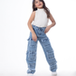 High Waist Flap Cargo Pocket Raw Cut Quarry Jeans Pants Teenager OB-627R