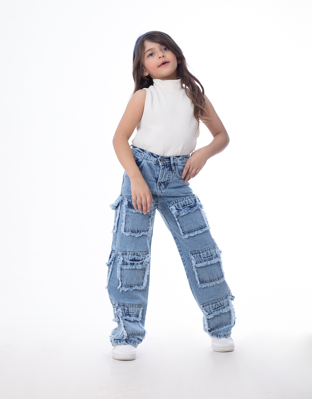 High Waist Flap Cargo Pocket Raw Cut Quarry Jeans Pants Teenager OB-627R
