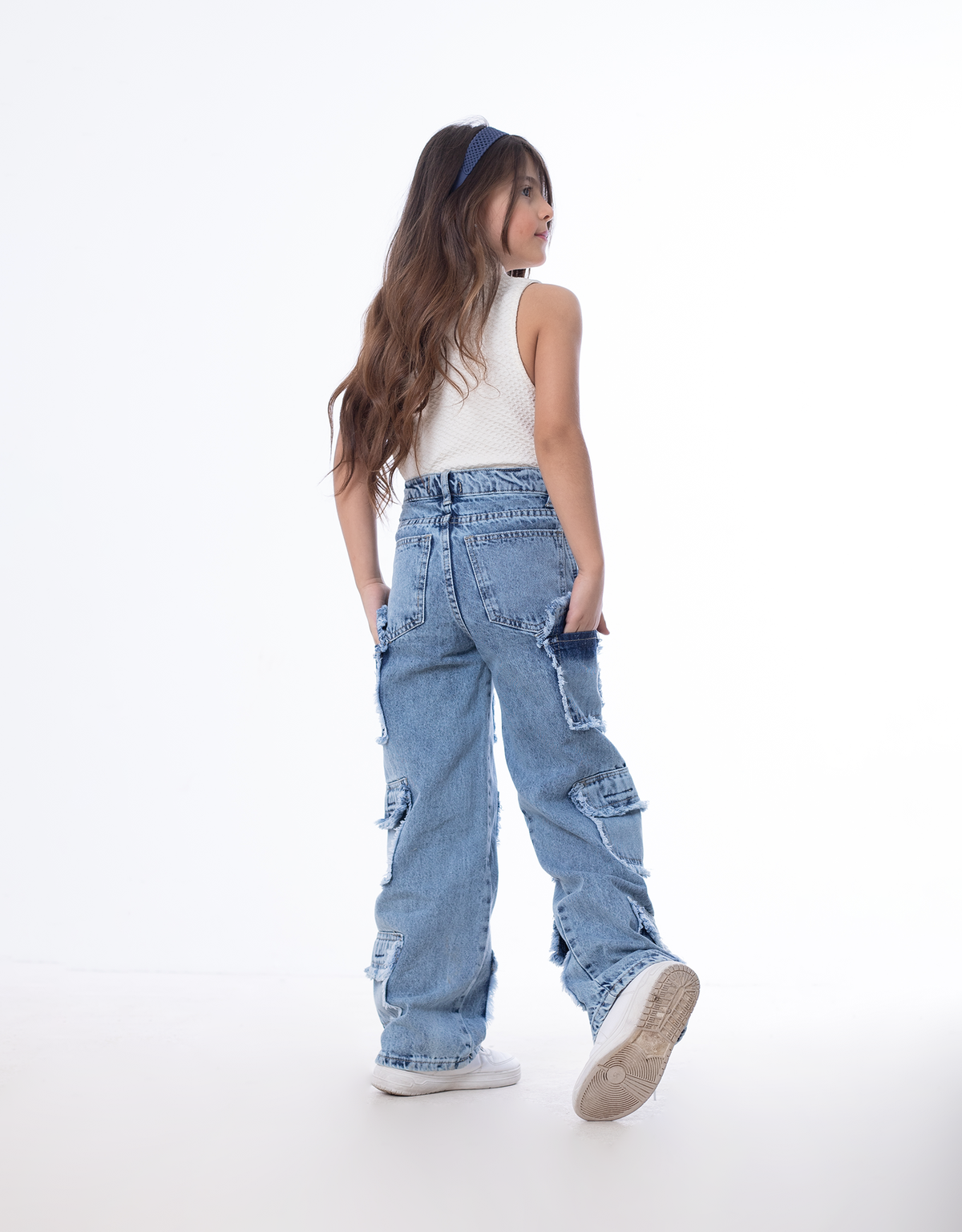 High Waist Flap Cargo Pocket Raw Cut Quarry Jeans Pants Teenager OB-627R