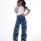 High Waist Flap Cargo Pocket Raw Cut Dark Blue Jeans Pants Teenager OB-627A