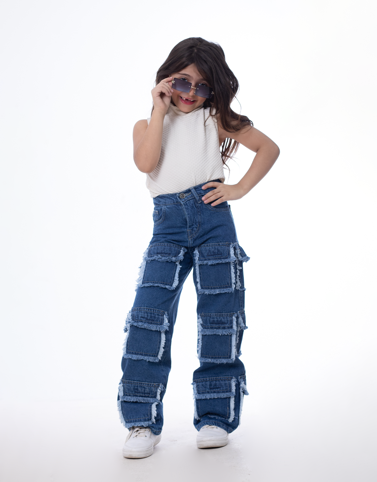 High Waist Flap Cargo Pocket Raw Cut Dark Blue Jeans Pants Teenager OB-627A