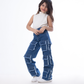 High Waist Flap Cargo Pocket Raw Cut Dark Blue Jeans Pants Teenager OB-627A