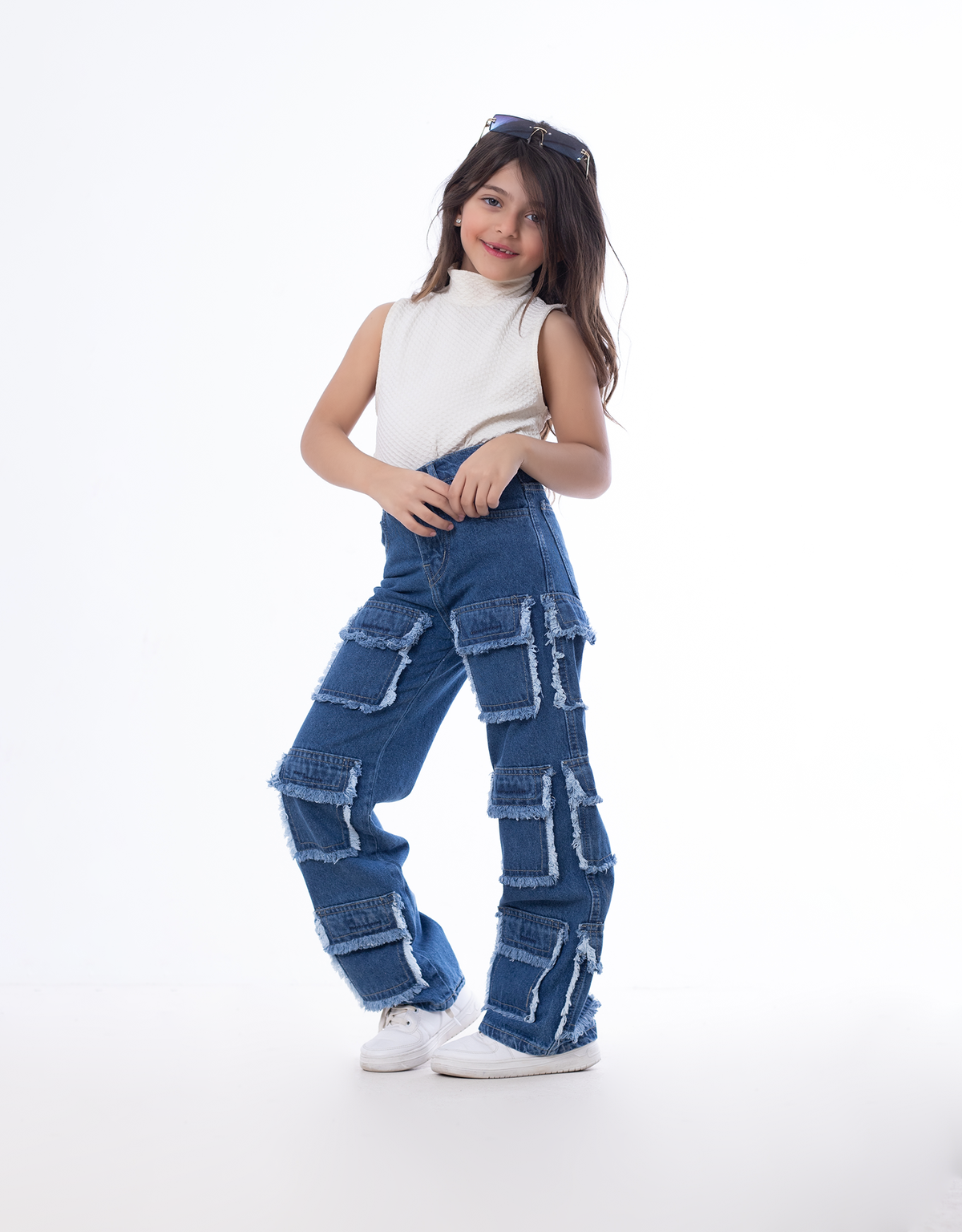 High Waist Flap Cargo Pocket Raw Cut Dark Blue Jeans Pants Teenager OB-627A
