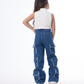 High Waist Flap Cargo Pocket Raw Cut Dark Blue Jeans Pants Teenager OB-627A