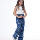 High Waist Flap Cargo Pocket Raw Cut Dark Blue Jeans Pants Teenager OB-627A