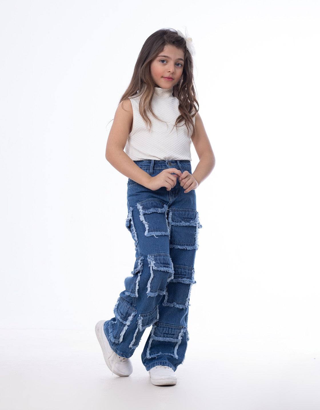 High Waist Flap Cargo Pocket Raw Cut Dark Blue Jeans Pants Teenager OB-627A