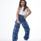 High Waist Flap Cargo Pocket Raw Cut Dark Blue Jeans Pants Teenager OB-627A