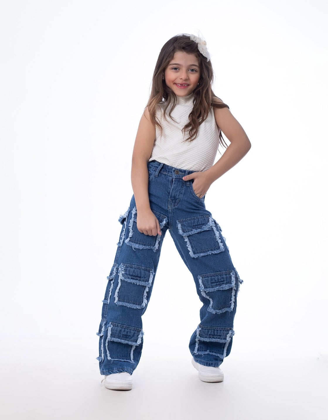 High Waist Flap Cargo Pocket Raw Cut Dark Blue Jeans Pants Teenager OB-627A