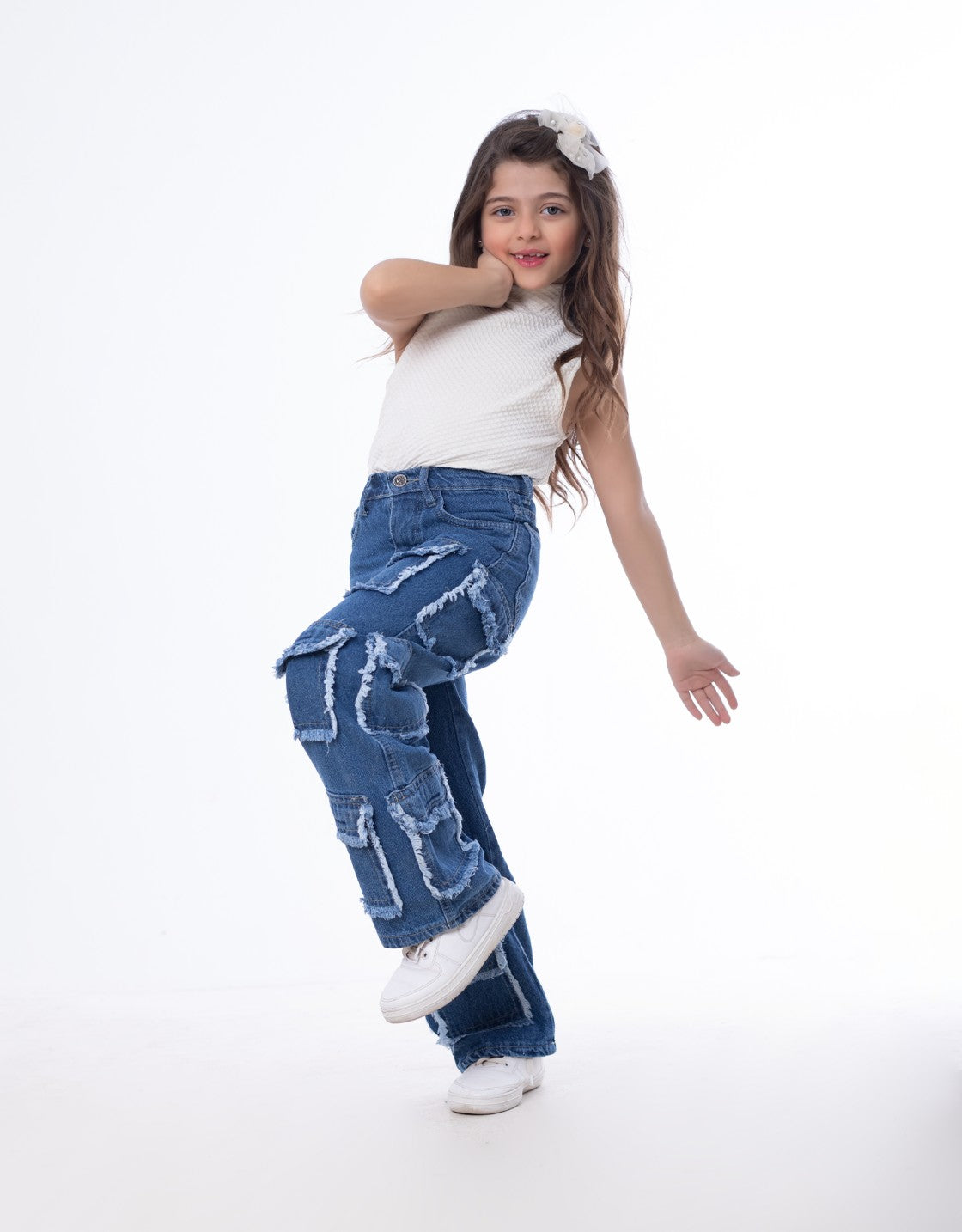 High Waist Flap Cargo Pocket Raw Cut Dark Blue Jeans Pants Teenager OB-627A