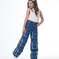 High Waist Flap Cargo Pocket Raw Cut Dark Blue Jeans Pants Teenager OB-627A