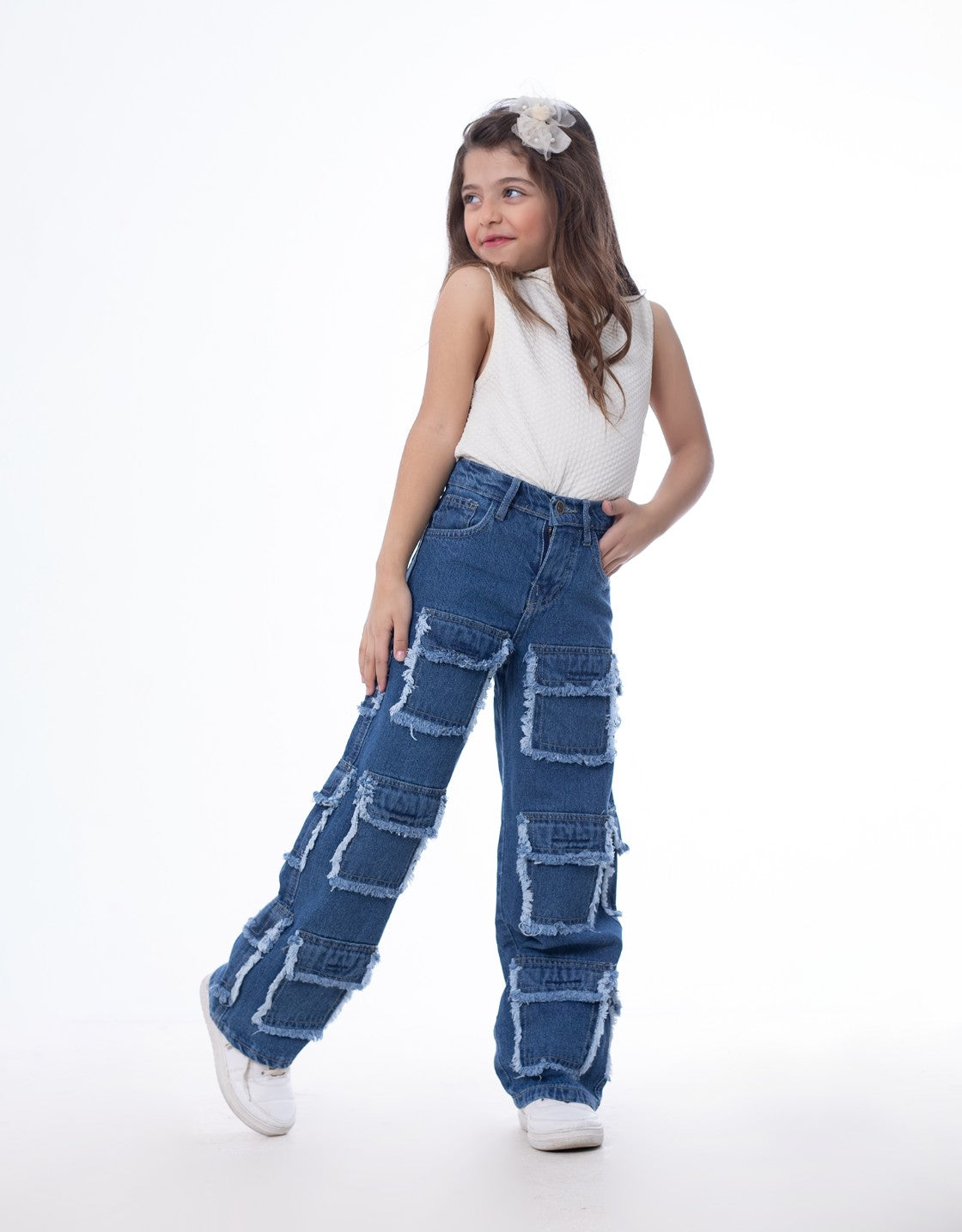 High Waist Flap Cargo Pocket Raw Cut Dark Blue Jeans Pants Teenager OB-627A