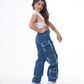 High Waist Flap Cargo Pocket Raw Cut Dark Blue Jeans Pants Teenager OB-627A