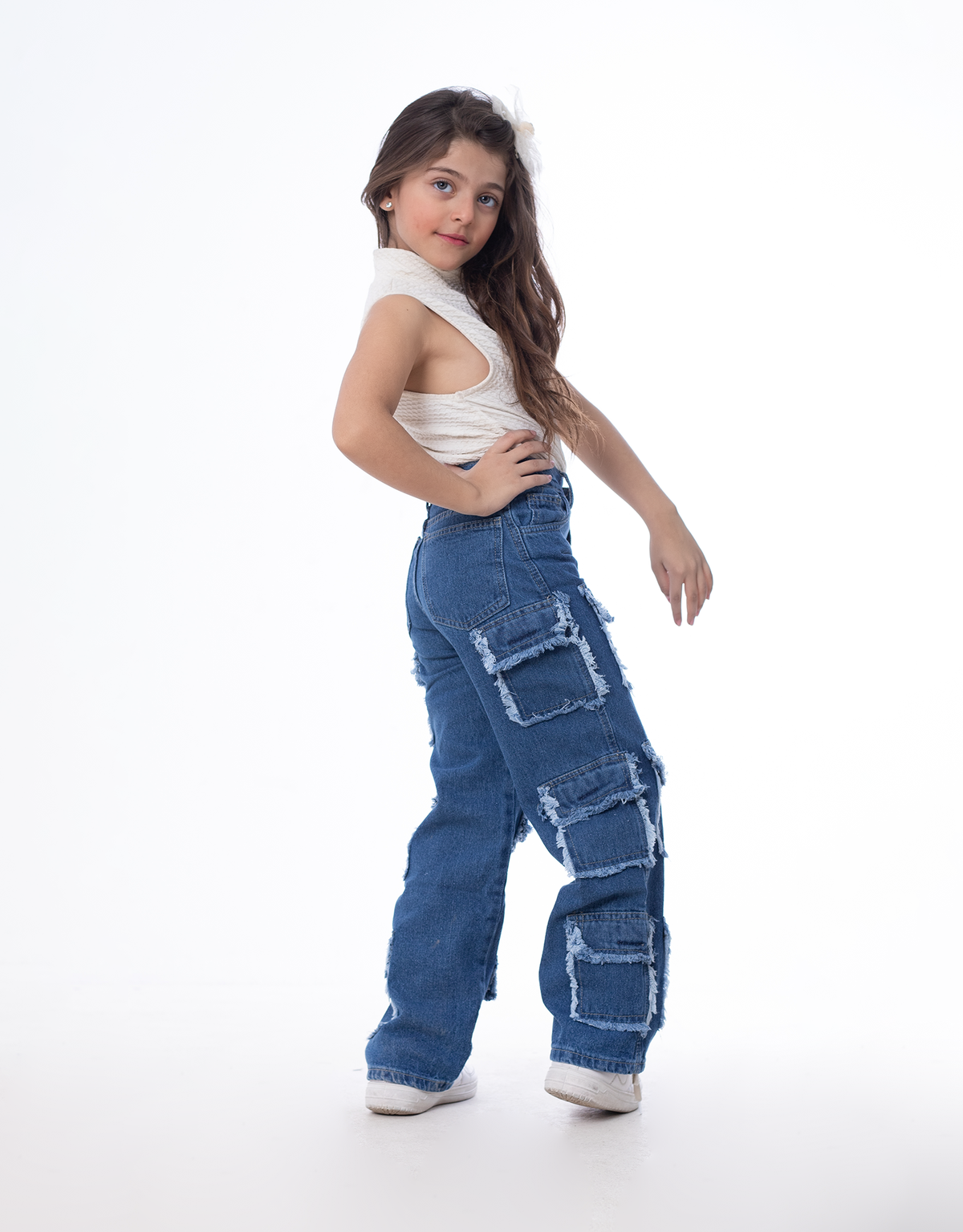 High Waist Flap Cargo Pocket Raw Cut Dark Blue Jeans Pants Teenager OB-627A