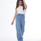 Diamond Studded Straight Jeans Pants Light Blue Teenager OBD-397DC