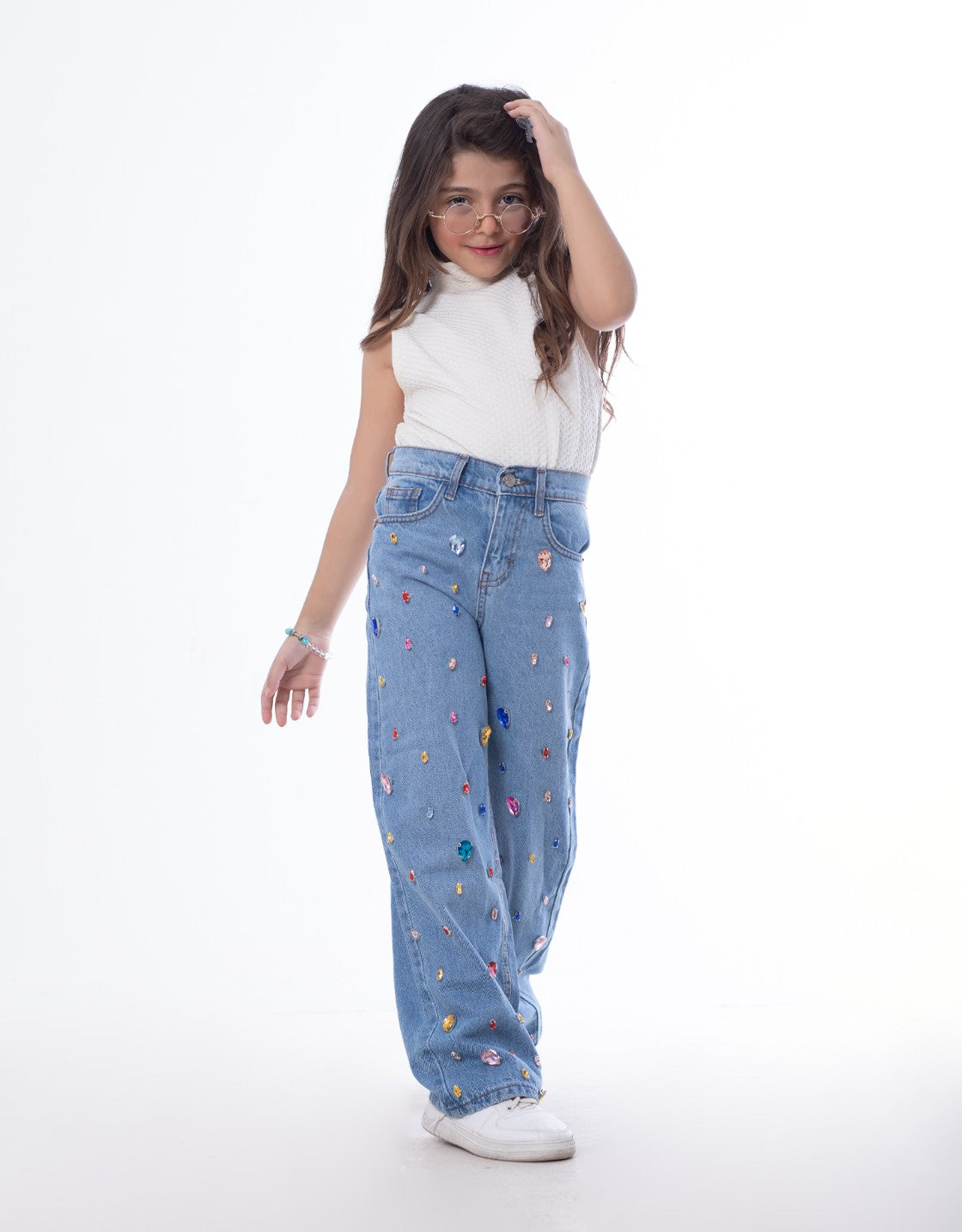 Diamond Studded Straight Jeans Pants Light Blue Teenager OBD-397DC