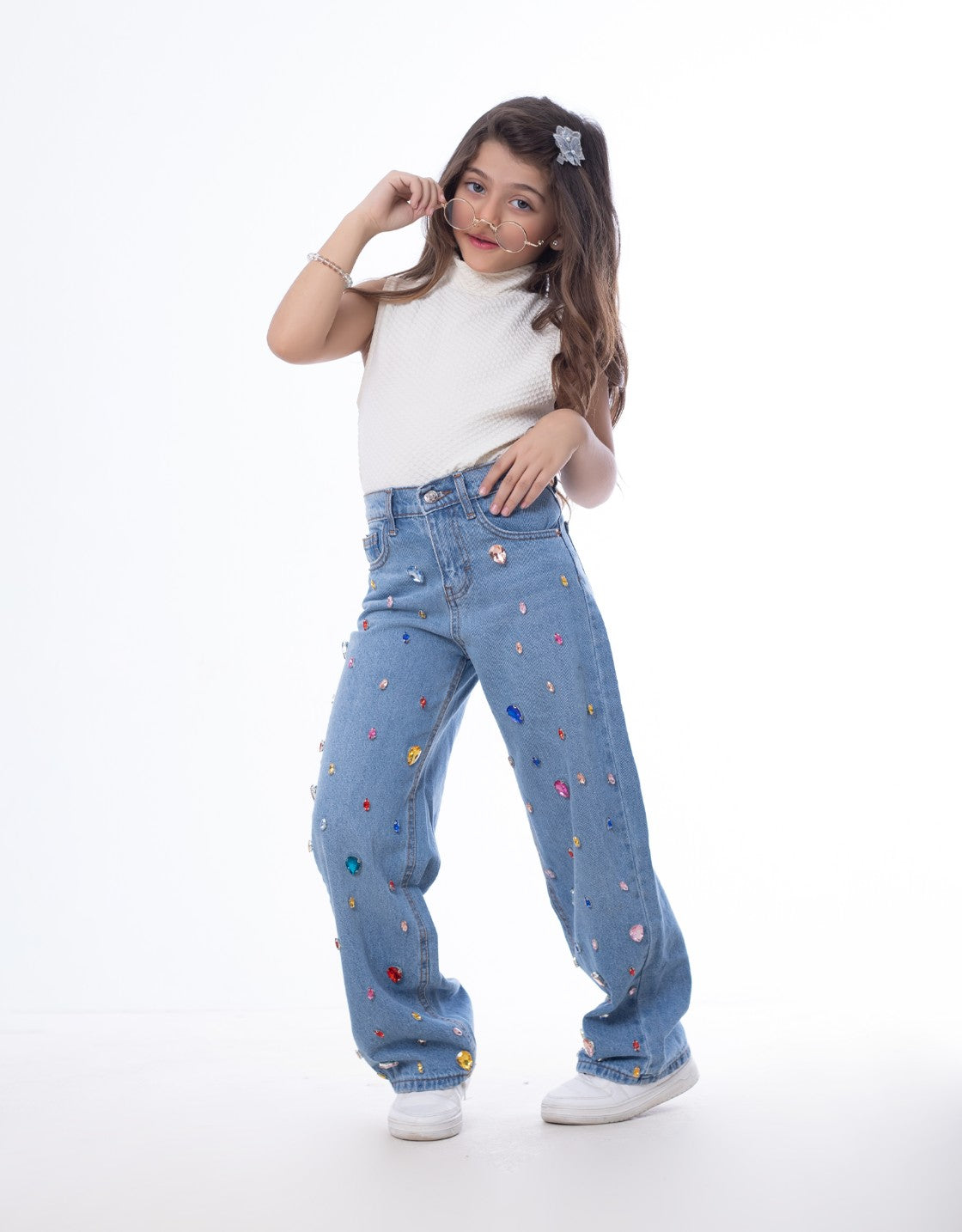 Diamond Studded Straight Jeans Pants Light Blue Teenager OBD-397DC