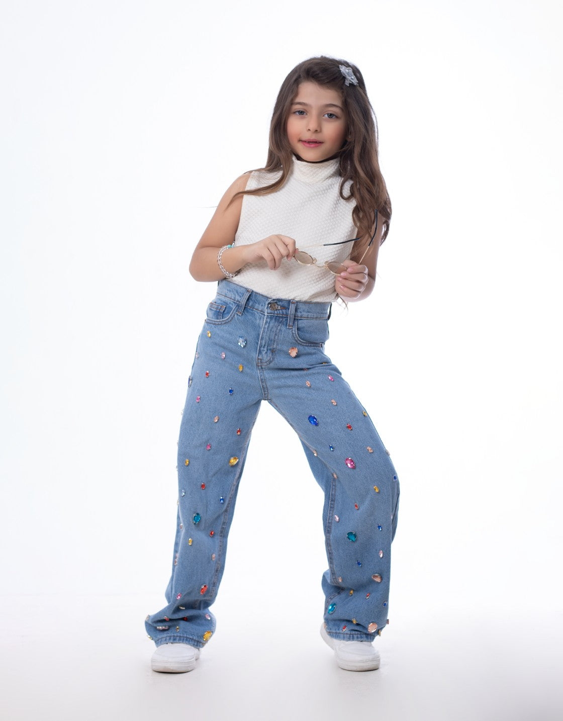 Diamond Studded Straight Jeans Pants Light Blue Teenager OBD-397DC