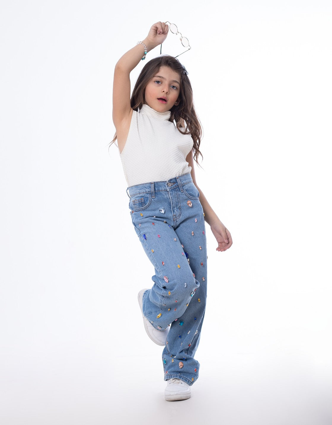 Diamond Studded Straight Jeans Pants Light Blue Teenager OBD-397DC