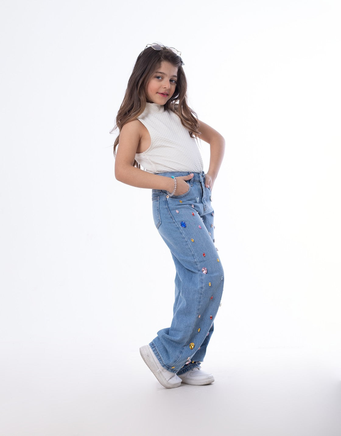 Diamond Studded Straight Jeans Pants Light Blue Teenager OBD-397DC
