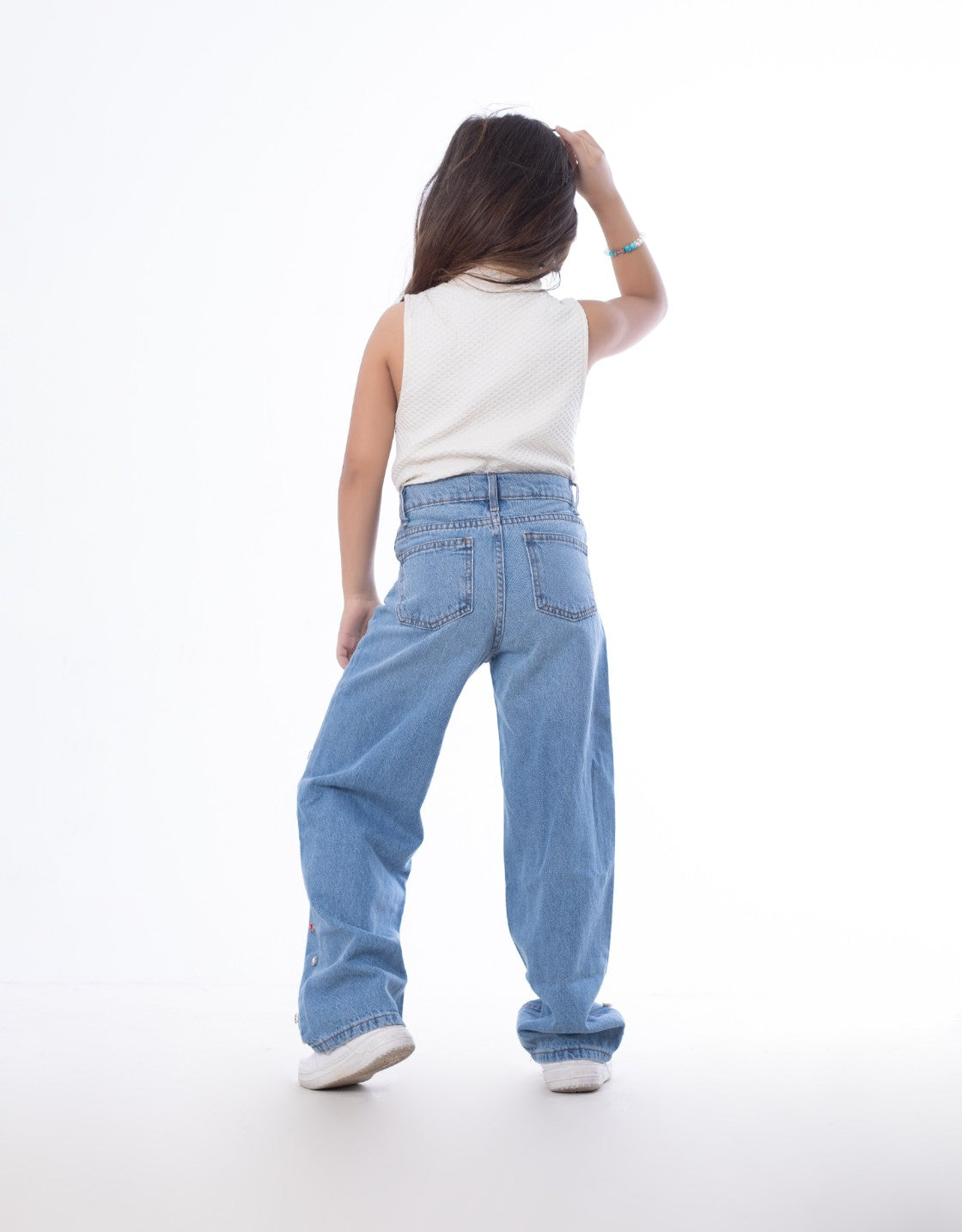 Diamond Studded Straight Jeans Pants Light Blue Teenager OBD-397DC