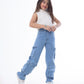 High waist Flap Pocket Cargo Glued Bottom Medium Blue Jeans Pants OB-624B