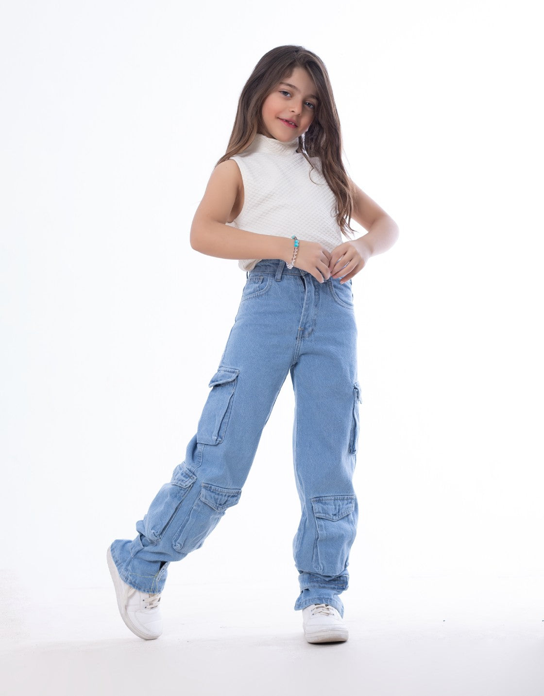 High waist Flap Pocket Cargo Glued Bottom Medium Blue Jeans Pants OB-624B