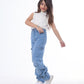 High waist Flap Pocket Cargo Glued Bottom Medium Blue Jeans Pants OB-624B