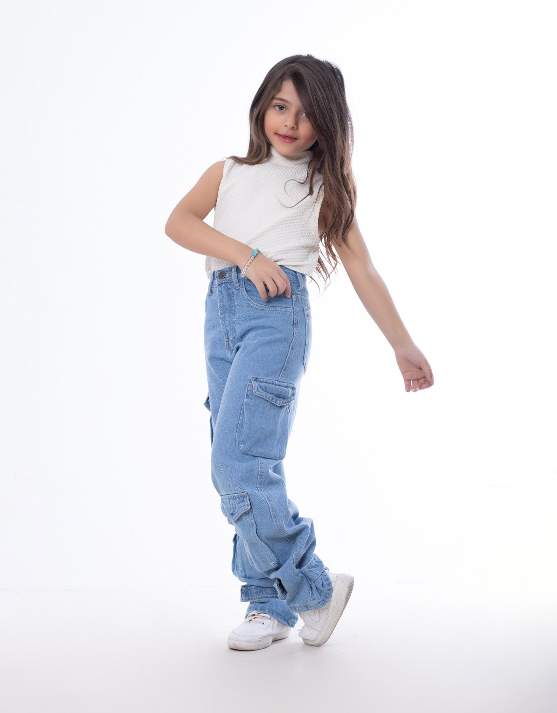 High waist Flap Pocket Cargo Glued Bottom Medium Blue Jeans Pants OB-624B
