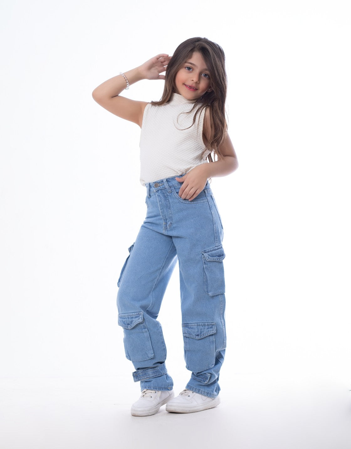 High waist Flap Pocket Cargo Glued Bottom Medium Blue Jeans Pants OB-624B