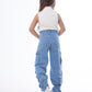 High waist Flap Pocket Cargo Glued Bottom Medium Blue Jeans Pants OB-624B