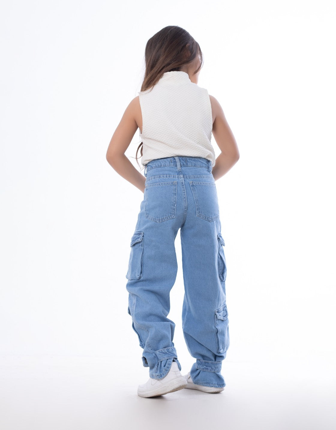 High waist Flap Pocket Cargo Glued Bottom Medium Blue Jeans Pants OB-624B