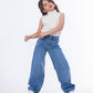High Waist Straight Medium Blue Jeans Pants Teenager OB-397B