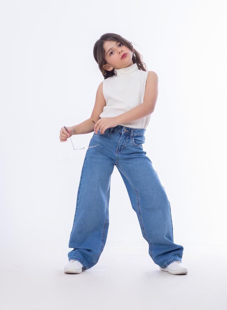 High Waist Straight Medium Blue Jeans Pants Teenager OB-397B