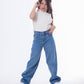 High Waist Straight Medium Blue Jeans Pants Teenager OB-397B
